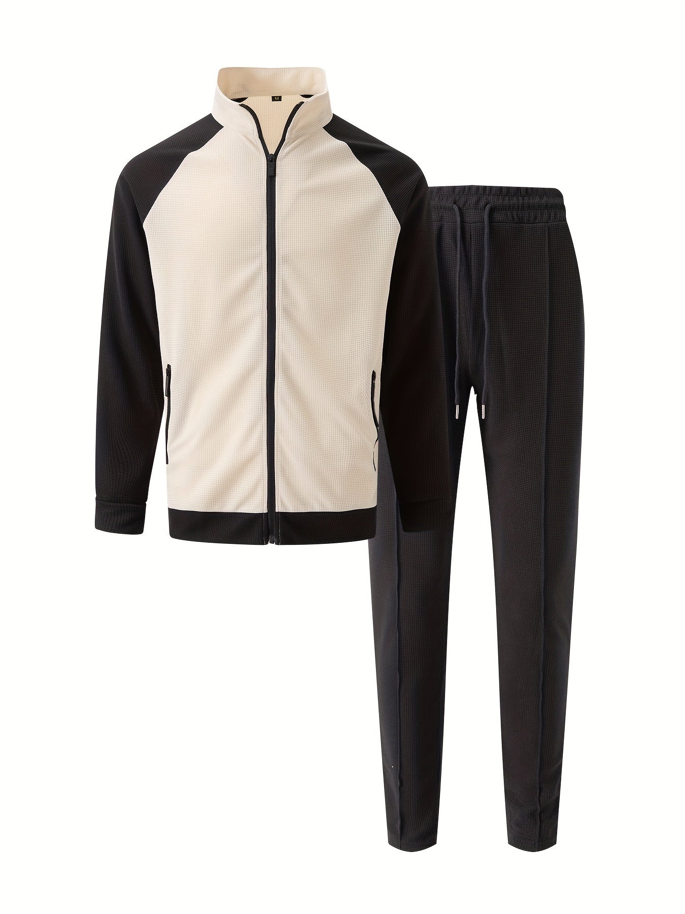 Տղամարդու սպորտային գունային բլոկով կայծակաճարմանդով բաճկոնի և վազքի տաբատի հավաքածու - պոլիեսթերի խառնուրդ, իդեալական է գարնան/աշնան համար