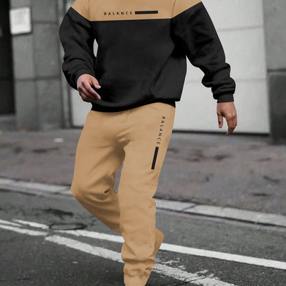 Տղամարդու աշուն/ձմեռ առօրյա պոլիեսթերային սպորտային համազգեստի հավաքածու - երկար թևքերով գլխարկով վերնաշապիկ՝ տառերի տպագրությամբ և պատչվորք դիզայնով, կանոնավոր չափի լարով վազորդներ, տրիկոտաժե գործվածք, թեթևակի ձգվող