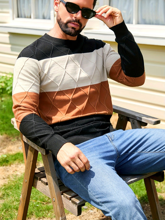 Men's Round Neck Autumn/Winter Sweater Vintage Drawstring Rhombus Pattern Knitwear Buttoned Contrast Color Pullover