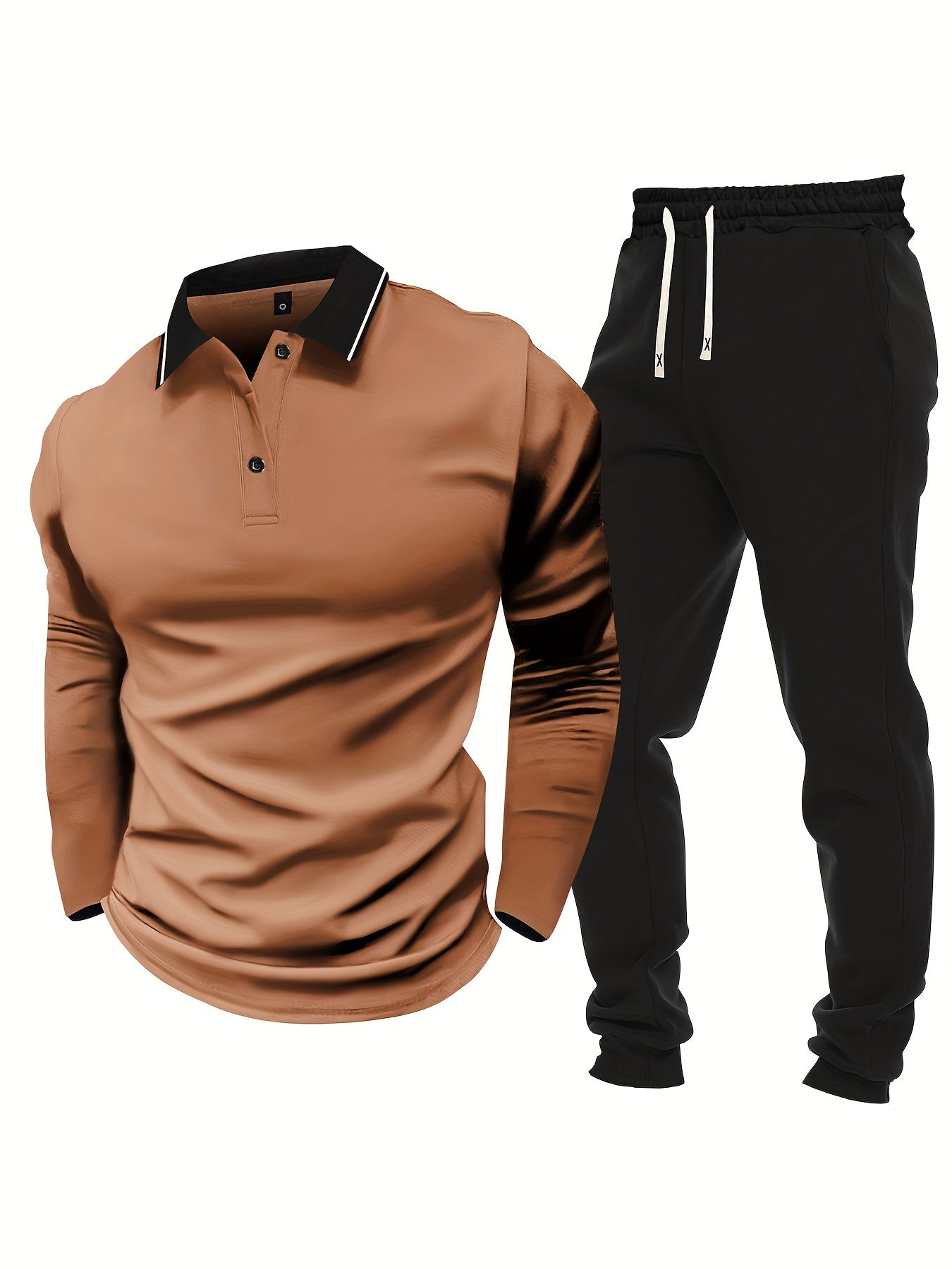 Տղամարդու առօրյա, գունային բլոկներով երկար թևքերով, կոճակներով վերնաշապիկ և լարով վազող տաբատ՝ պոլիեսթերի խառնուրդով, գրպաններով, իդեալական է գարնան/աշնան համար