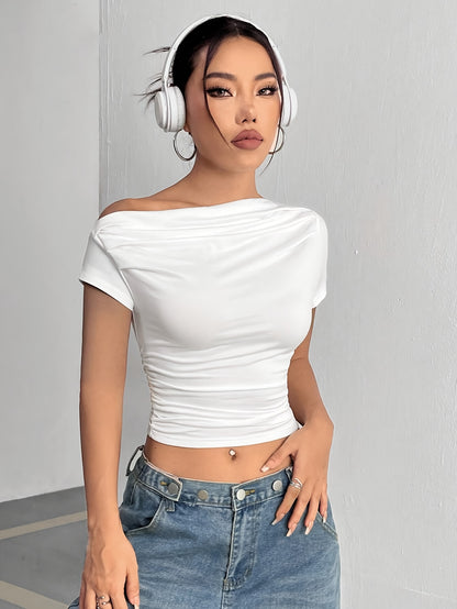 Women'S Asymmetrical Shoulder Ruffled Hem Short T-Shirt - ayq