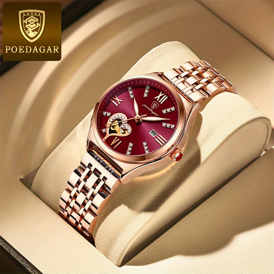 POEDAGAR Elegant Women's Quartz Watch - Rose Golden-Tone Stainless Steel, Luminous Hands & Calendar,, Date Display with Heart Detail