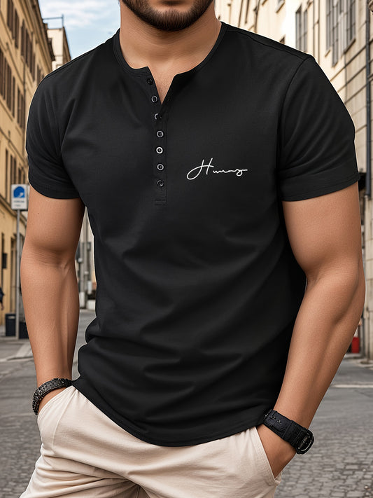 Men's Script Letter Print Short Sleeve Henley Shirt, Business Fashion Top For Male's Casual And Daily Wear