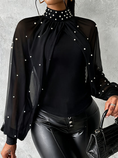 Կանացի էլեգանտ բաց ուսով/մեկ ուսով թունիկ վերնաշապիկ - կարմիր/ - երկար թևքով բլուզ մարգարիտանման ուլունքներով - պաշտոնական և ամենօրյա շքեղ հանդերձանք - գարուն/աշուն, նորաձևության սիրահարներ, ոճային բլուզ, որակյալ կար, նրբագեղ դիզայն, սե