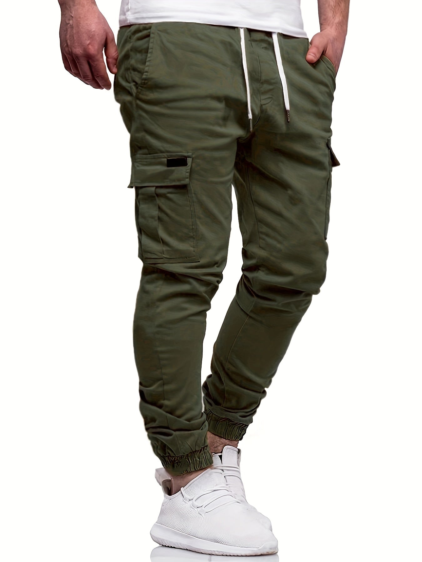 Men's Fashion, Regular Fit And Cuffed Solid Cargo Pants With Flap Pockets, Chic And Trendy Solid Drawstring Leisure Trousers For Daily Outerwear - ayq