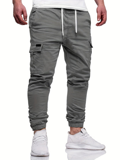 Men's Fashion, Regular Fit And Cuffed Solid Cargo Pants With Flap Pockets, Chic And Trendy Solid Drawstring Leisure Trousers For Daily Outerwear - ayq