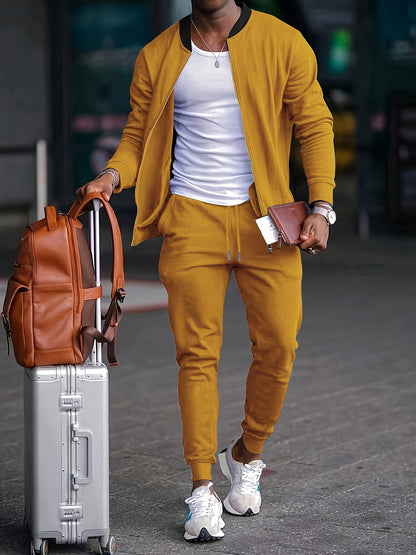 Տղամարդու առօրյա նորաձև կոստյումի հավաքածու՝ պոլիեսթերից, կանգնած օձիքով, կայծակաճարմանդով բաճկոն և լարով տաբատ՝ գարնանային/աշնանային համար