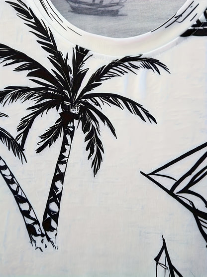 A set of 2 stylish Men's palm tree pattern summer fresh T-shirts and shorts, micro-stretch polyester knit fabric with a fitted fit, suitable for outdoor activities and family gatherings.