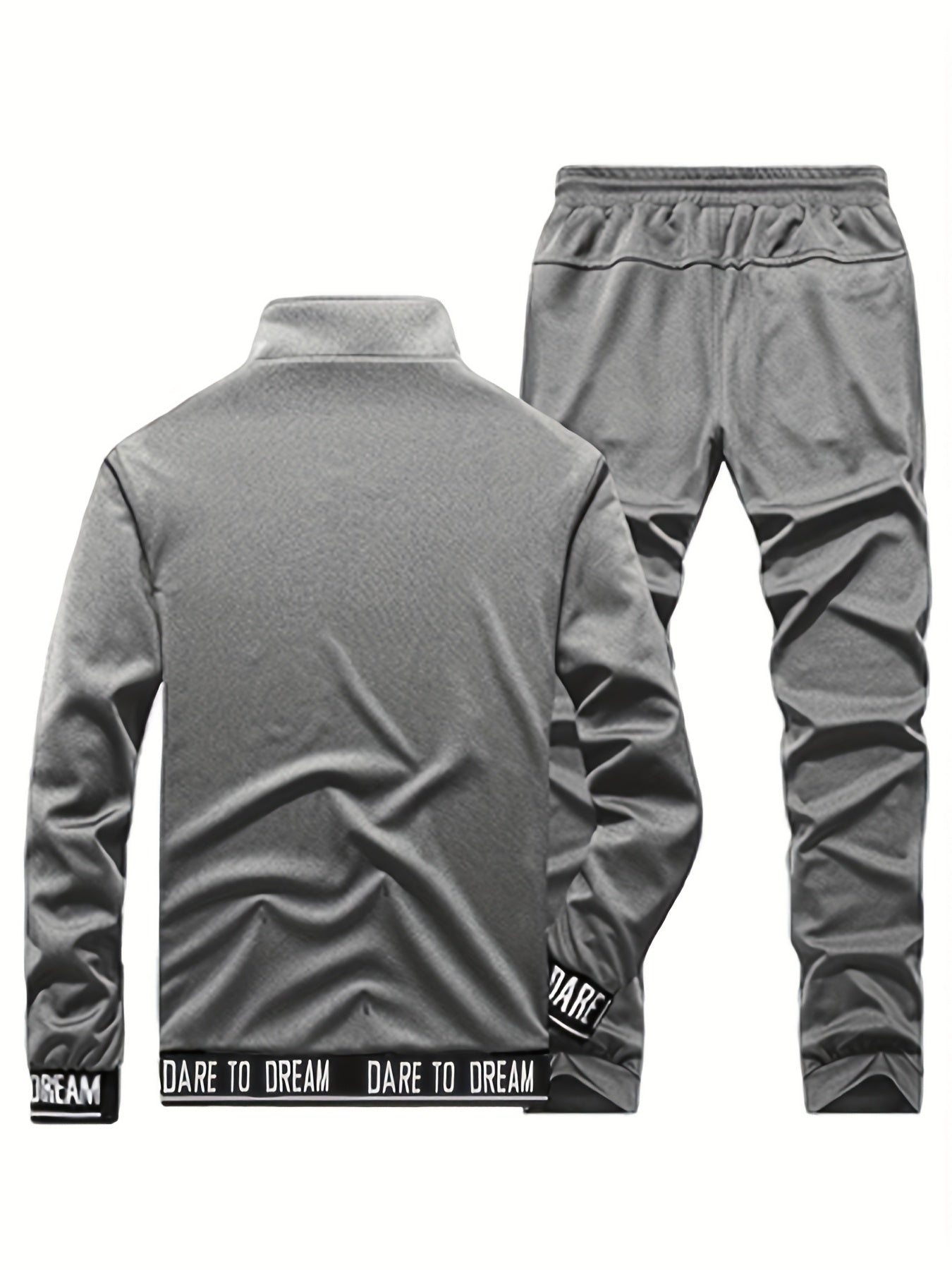 Տղամարդկանց ամենօրյա սպորտային հագուստի հավաքածու - բեժ գույնի ճարմանդով բաճկոն և մարզական տաբատ "DARE TO BE" տպագրությամբ, երկար թևերով, գրպաններով և քաշվող գոտիով, իդեալական է վազքի և հանգստի համար, գարուն/աշուն հավաքածու, գարուն-աշուն հագուստ | Zipup J