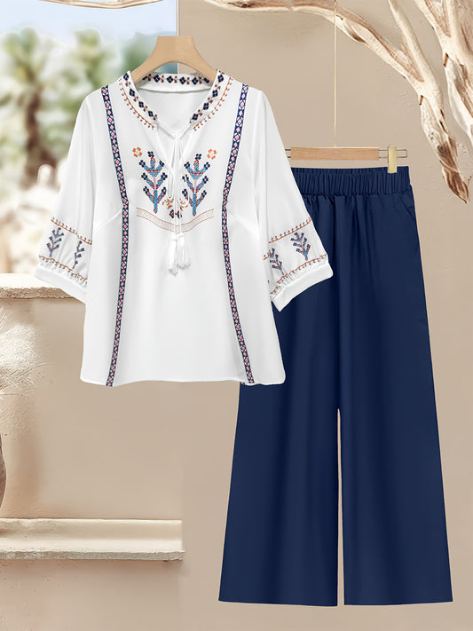 Էլեգանտ էթնիկ ոճի ազատ վերնաշապիկ և միագույն ամենօրյա տաբատ 2 հատանոց հավաքածու կանանց համար - շքեղ V-ձև դեկոլտեով, ծաղկային նախշերով, երկար թևքերով, պոլիեսթերի խառնուրդ, իդեալական է գարուն/ամառ/աշուն համար։