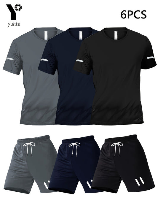 Տղամարդկանց ամենօրյա սպորտային հագուստի երեք նմուշների հավաքածու՝ արագ չորացող կարճաթև շապիկներ՝ կլոր վզով և առաձգական գոտկատեղով շորտեր, որոնք հարմար են գարնանը սպորտի և ֆիթնեսի համար: