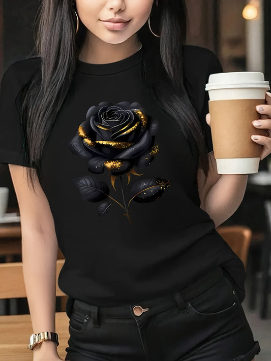 Սև վարդի նախշով կարճ թևքով, կլոր օձիքով մարզաշապիկ՝ ամառային և գարնանային, կանացի հագուստի նվեր