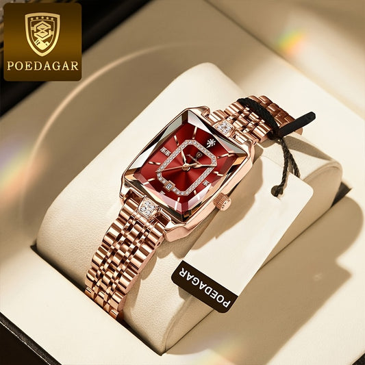 POEDAGAR Women's Ultra-Thin Stainless Steel Quartz Watch - 3ATM Waterproof, Luminous Red Dial with Date Calendar, Champagne Band & Case - Elegant Luxury Wristwatch for Teens & Adults, Perfect for Valentine's Day, Mother's Day
