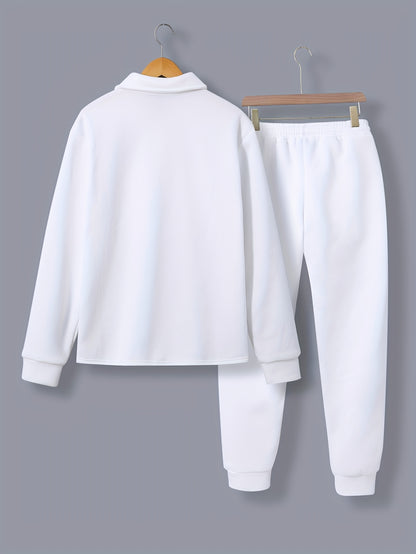 Տղամարդու 1 հավաքածու՝ միագույն պոլիեսթերից պատրաստված առօրյա հագուստ՝ երկար թևքերով, կոճակներով և օձիքով բաճկոնով, գրպաններով և լարով երկար տաբատի հավաքածու՝ աշուն/ձմեռ