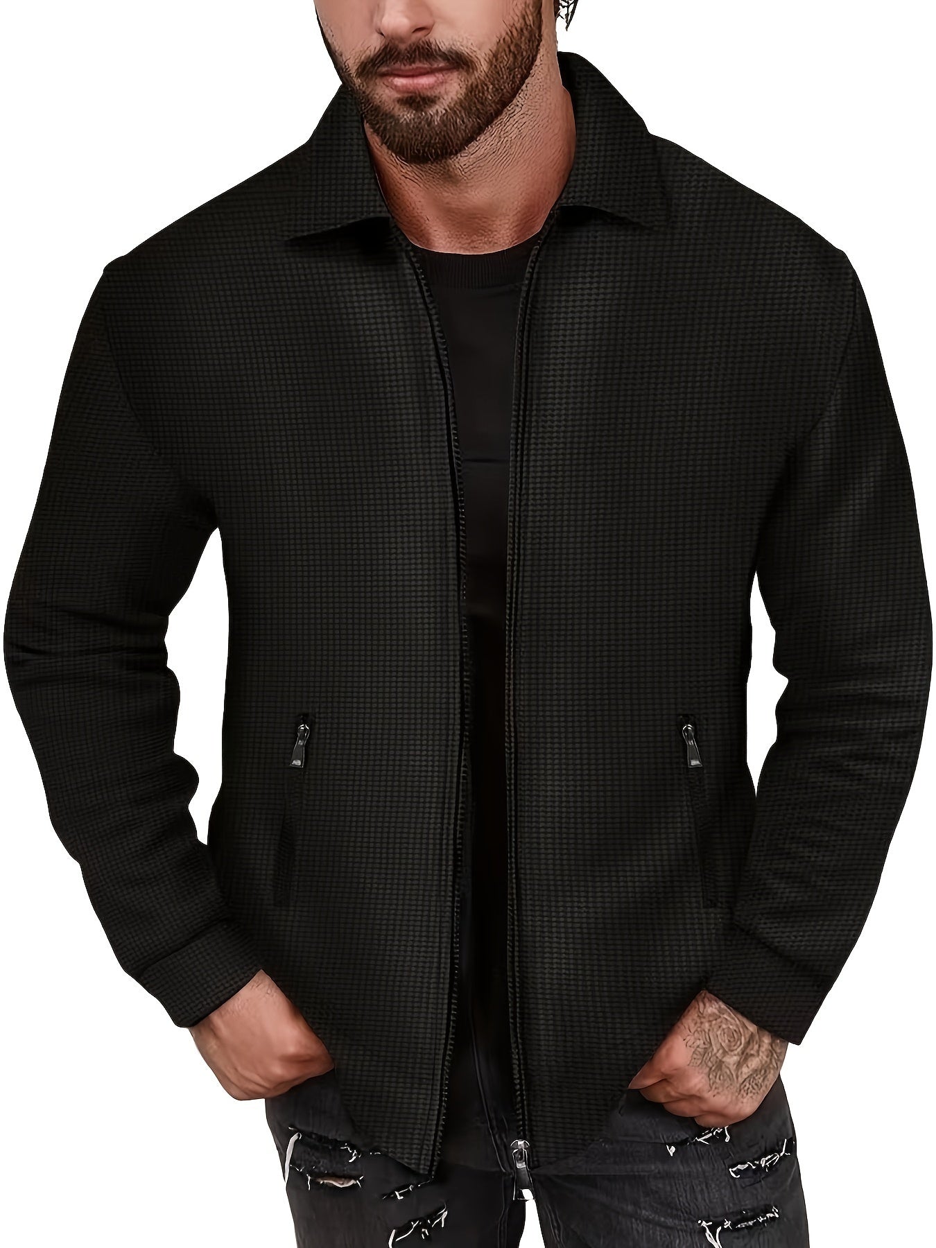 1 հատ տղամարդու ամենօրյա պոլիեսթերային կայծակաճարմանդով բաճկոն՝ օձիքով, միագույն, թեթևակի ձգվող, հյուսված կտորից, սովորական չափսերով, առանց աստառի - Գարուն/աշուն վերնազգեստ