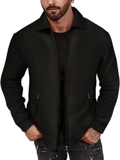 1 հատ տղամարդու ամենօրյա պոլիեսթերային կայծակաճարմանդով բաճկոն՝ օձիքով, միագույն, թեթևակի ձգվող, հյուսված կտորից, սովորական չափսերով, առանց աստառի - Գարուն/աշուն վերնազգեստ