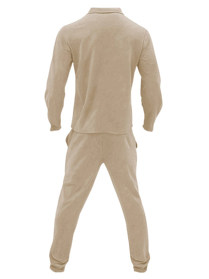 Տղամարդու 1 հավաքածու՝ միագույն պոլիեսթերից պատրաստված առօրյա հագուստ՝ երկար թևքերով, կոճակներով և օձիքով բաճկոնով, գրպաններով և լարով երկար տաբատի հավաքածու՝ աշուն/ձմեռ