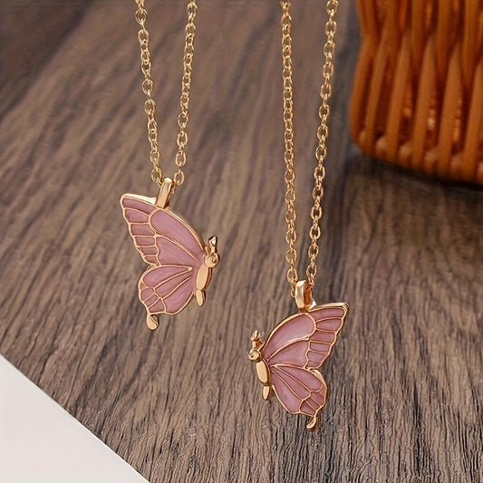 2pc Pink Color Butterfly Pendant Necklace Adjustable Zinc Alloy Neck Chain Jewelry For Couples - Ayq