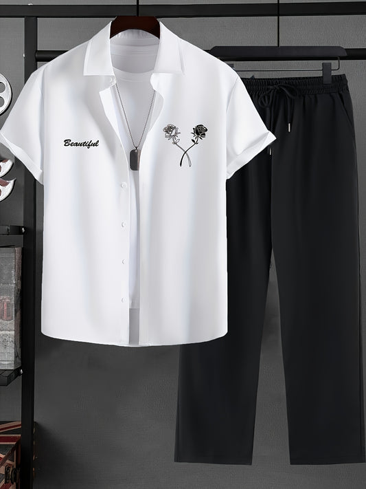 Տղամարդկանց ամառային, շնչող, հարմարավետ, վարդագույն նախշերով կարճ թևքով վերնաշապիկի և տաբատի հավաքածու