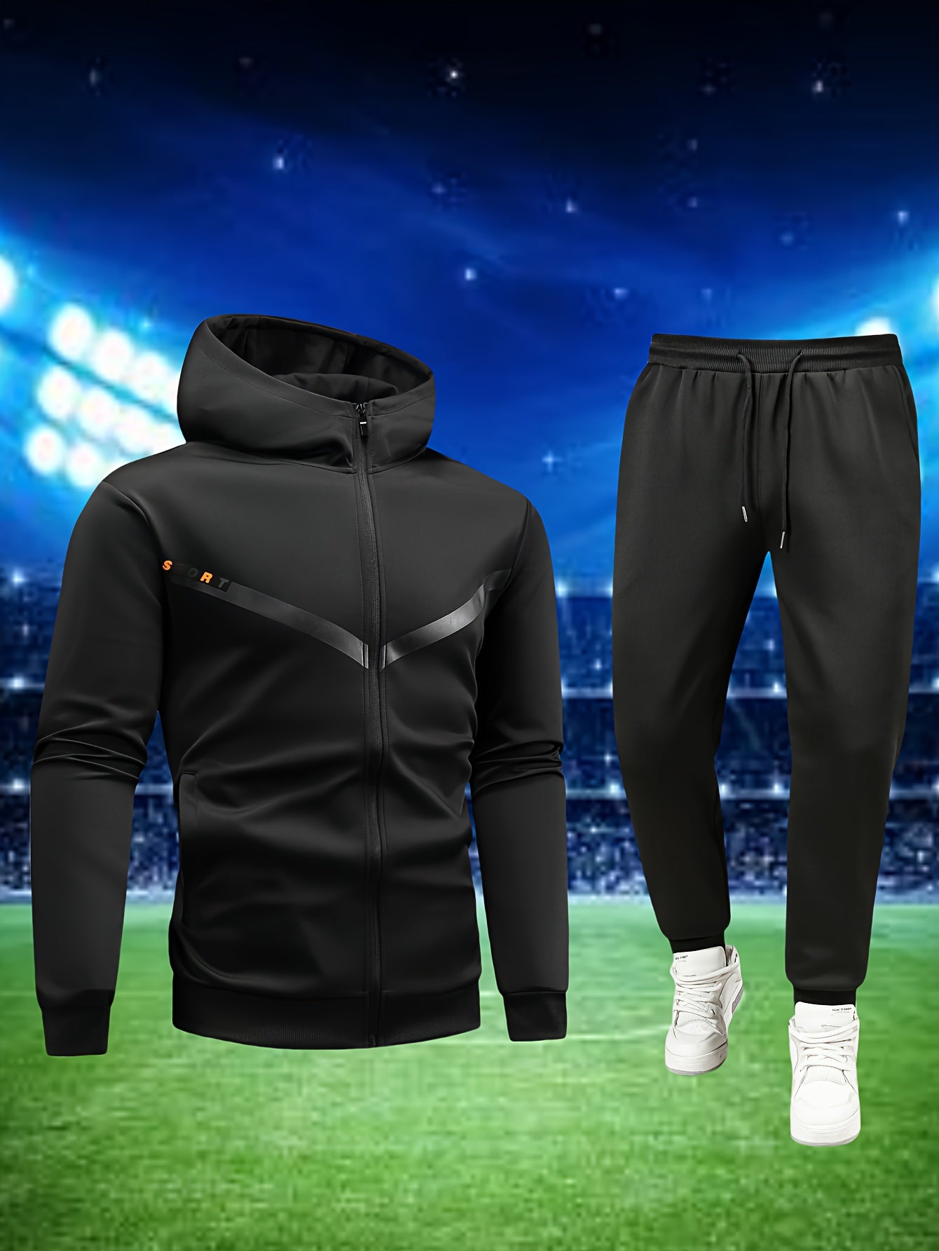 Տղամարդկանց առօրյա սպորտային հագուստի հավաքածու. Բարձրորակ գլխարկով սվիտեր և մարզաշապիկ վազքի, ֆիթնեսի և տնային հագուստի համար - Գարուն/աշուն երկկտոր հագուստ