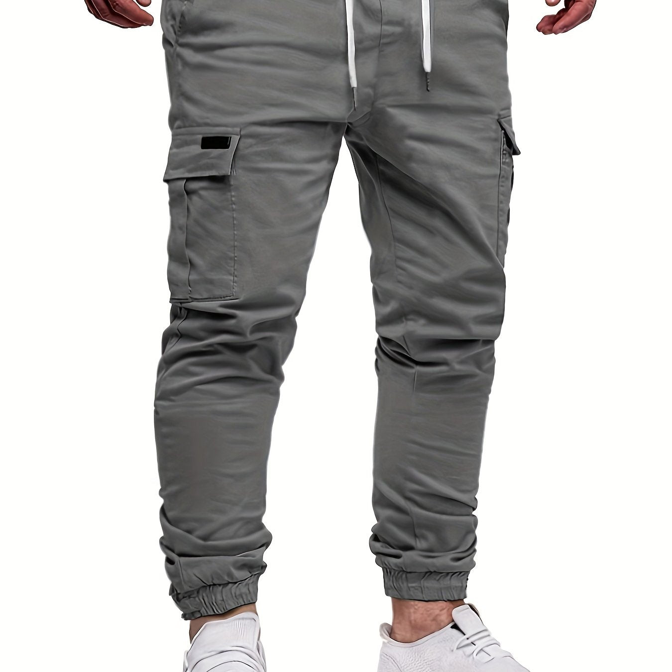 Men's Fashion, Regular Fit And Cuffed Solid Cargo Pants With Flap Pockets, Chic And Trendy Solid Drawstring Leisure Trousers For Daily Outerwear - ayq