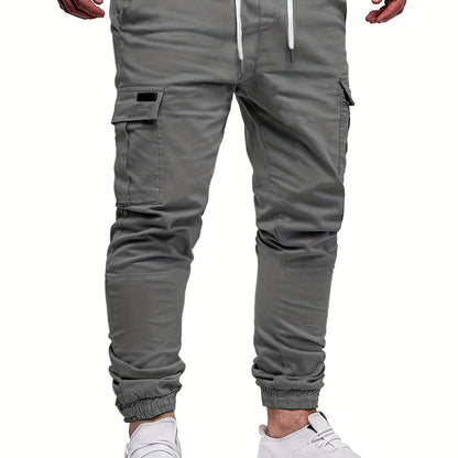 Men's Fashion, Regular Fit And Cuffed Solid Cargo Pants With Flap Pockets, Chic And Trendy Solid Drawstring Leisure Trousers For Daily Outerwear - ayq