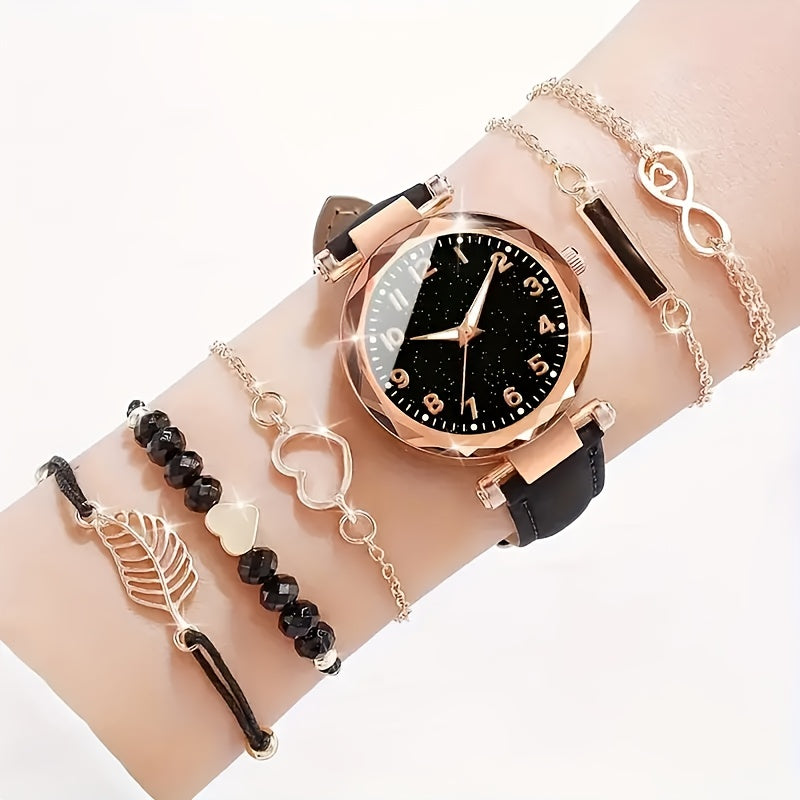 6pcs Women'S Watch Set, Simple Style Quartz Movement, Round Case, PU Leather Band, Non-rechargeable Button Battery, with Elegant Ladies Wrist Watch Gift Set for Christmas, New Year, Birthday - Ayq