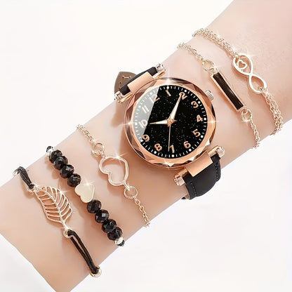 6pcs Women'S Watch Set, Simple Style Quartz Movement, Round Case, PU Leather Band, Non-rechargeable Button Battery, with Elegant Ladies Wrist Watch Gift Set for Christmas, New Year, Birthday - Ayq