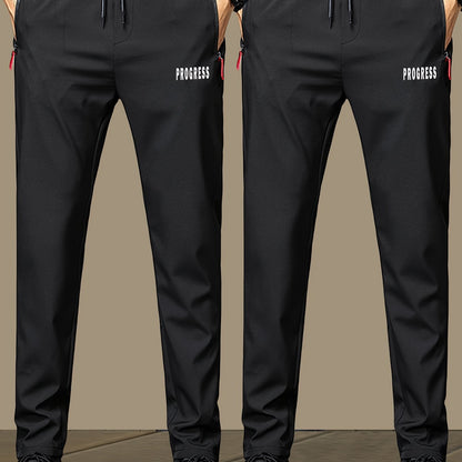 2 հատ Տղամարդկանց թեթև ջոջեր - արագ չորացող շնչող պոլիեսթեր, ոճային «PRINCESS» տպագրություն գոտկատեղով և կայծակաճարմանդ գրպաններով, Սև պատահական սպորտային տաբատ ամենօրյա հագուստի համար, կարգավորելի հարմարավետ տաբատ | Նորաոճ տպագիր ջոջեր | Ս