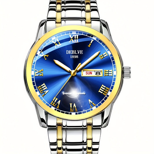 DELEVIA Women's Elegant Quartz Watch, Luminous Blue Dial with Roman Numerals, Stainless Steel Band, Date Display, Fashion Analog Wristwatch