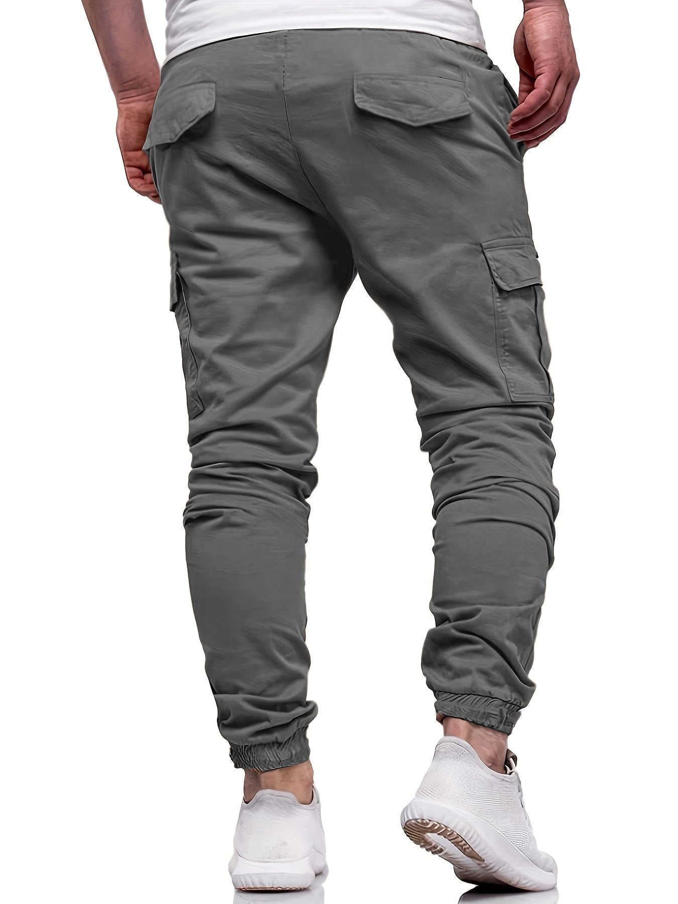 Men's Fashion, Regular Fit And Cuffed Solid Cargo Pants With Flap Pockets, Chic And Trendy Solid Drawstring Leisure Trousers For Daily Outerwear - ayq