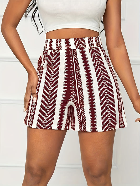 Կանացի ամառային գծավոր պրինտ շորտեր - արձակուրդային էլաստիկ գոտկատեղ, թեթև պոլիեսթեր խառնուրդ, լվացվող մեքենայով, շագանակագույն և սպիտակ, հանգստյան նորաձևություն|գծավոր ձևանմուշ|թեթև գործվածք