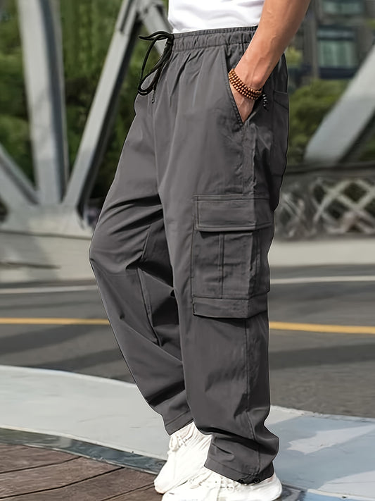 Men's Solid Cargo Pants With Multi Pockets, Causal Drawstring Trousers For Outdoor Activities