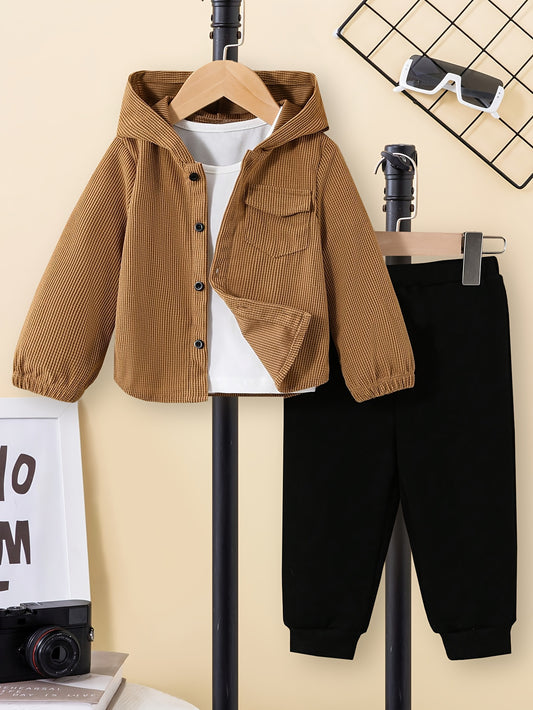 Boys' 2pcs Set, Casual Solid Color Long Sleeve Hooded Zip-Up Top with Button Closure & Matching Solid Color Athletic Cuffed Pants, 100% Polyester, Slight Stretch, Loose Fit for Spring/Fall, for Outdoor - Ayq