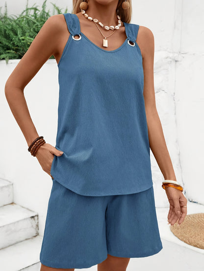 Կանացի էլեգանտ արձակուրդային ոճի հավաքածու, անթև միաձույլ վերնաշապիկ՝ ժապավենավոր մեջքով և շորտեր, պոլիեսթեր 100% հյուսված գործվածք, կրկնակի գրպանի ձևավորում, բոլոր սեզոնային պատահական հանդերձանք