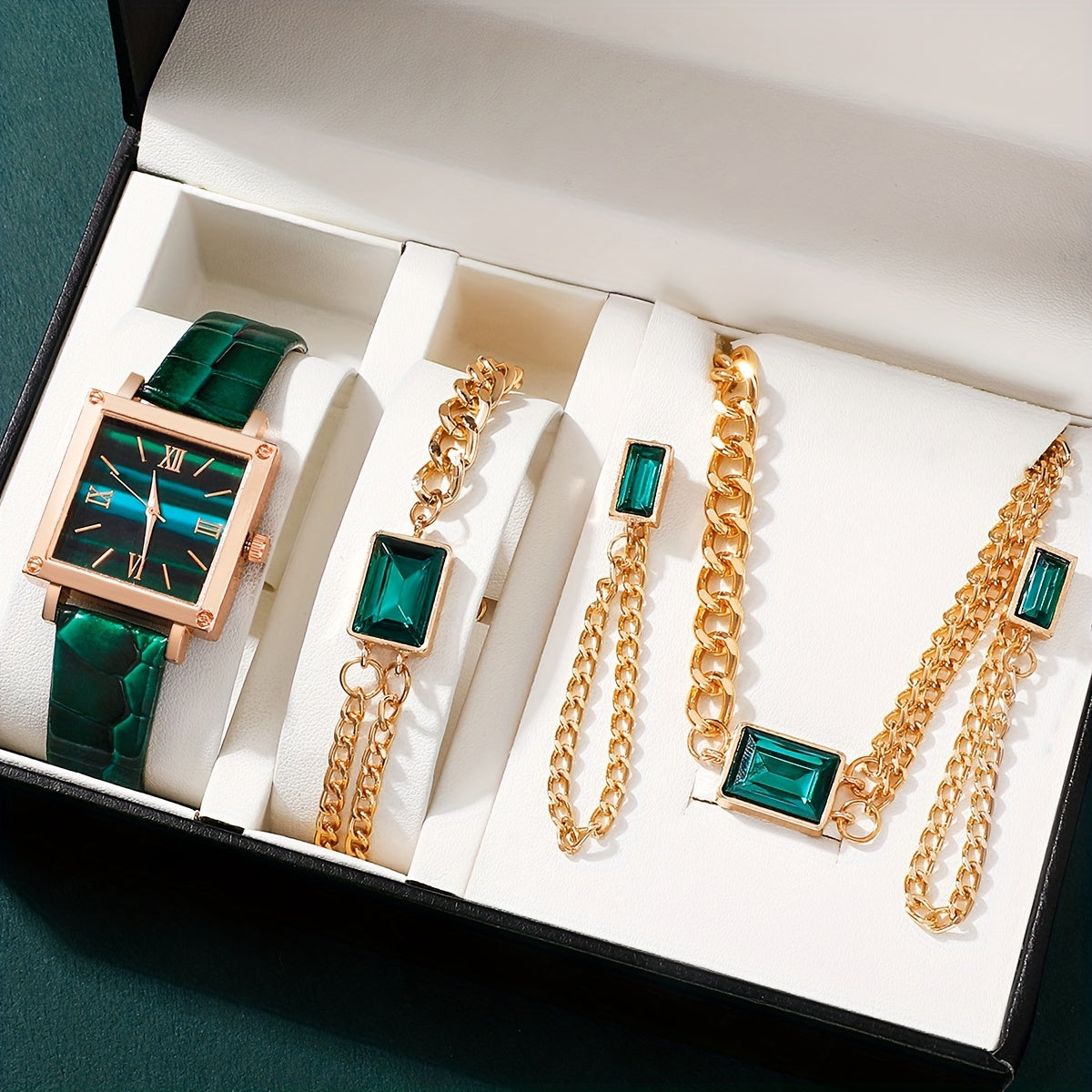 5pcs/Set Casual Simple Pointer Square Dial Women's Watch Set, PU Leather Strap Watch+4pcs Jewelry Set, A Selected Watch Set for Fashionable Ladies, Suitable for All Ladies