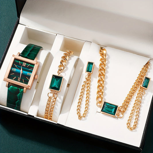 5 հատ/հավաքածու կանացի պարզ, ցուցիչով քառակուսի թվատախտակով ժամացույցների հավաքածու, PU կաշվե ժապավենով ժամացույց + 4 հատ զարդերի հավաքածու, ընտրված ժամացույցների հավաքածու նորաձև կանանց համար, հարմար է բոլոր կանանց համար