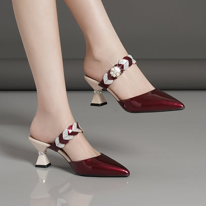 Կանացի միագույն, նորաձև սանդալներ, արհեստական մարգարիտներով, ճարմանդով գոտիով հարմարավետ, հաստ կրունկով կոշիկներ, թեթև, սուր քթով զգեստային կոշիկներ