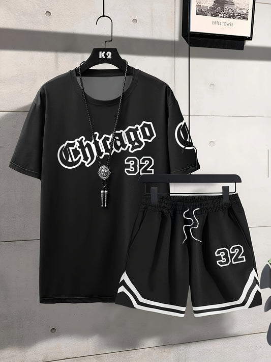 Չիկագոյի մոնոգրամով տպագիր տղամարդու կարճ թևքերով և շորտերի հավաքածու՝ ամենօրյա, առօրյա, տղամարդու մարզաշապիկ, փողոցային նորաձևության սպորտային շորտեր՝ երկու կտորից