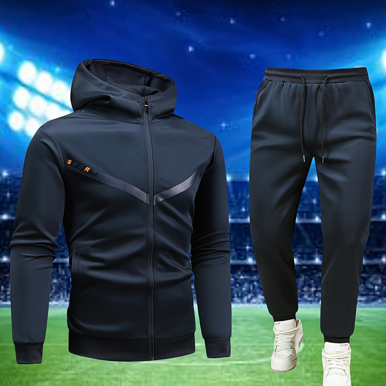 Տղամարդկանց առօրյա սպորտային հագուստի հավաքածու. Բարձրորակ գլխարկով սվիտեր և մարզաշապիկ վազքի, ֆիթնեսի և տնային հագուստի համար - Գարուն/աշուն երկկտոր հագուստ