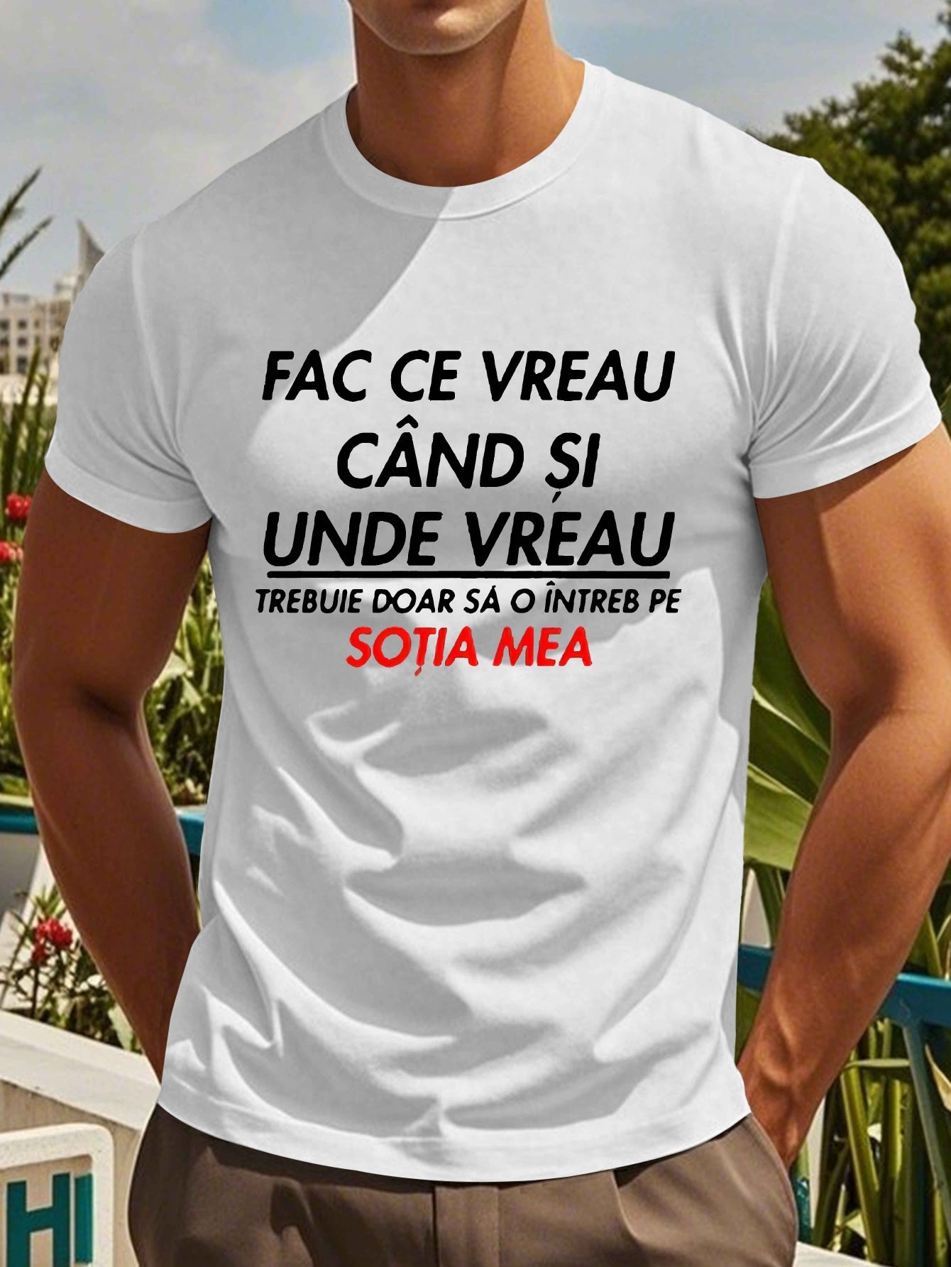 Տղամարդու կարճ թևքով ռումինական «Qitate» գրությամբ շապիկ - «Face Ce Vreau Cand Si Under Breath» տպագրությամբ, թեթև պոլիեսթերային, ամառային ամենօրյա վերնաշապիկ, կլոր վզնոցով, լվացվող մեքենայով, լվացվող մարզաշապիկ՝ թավ տեքստով, թեթև նյութով։