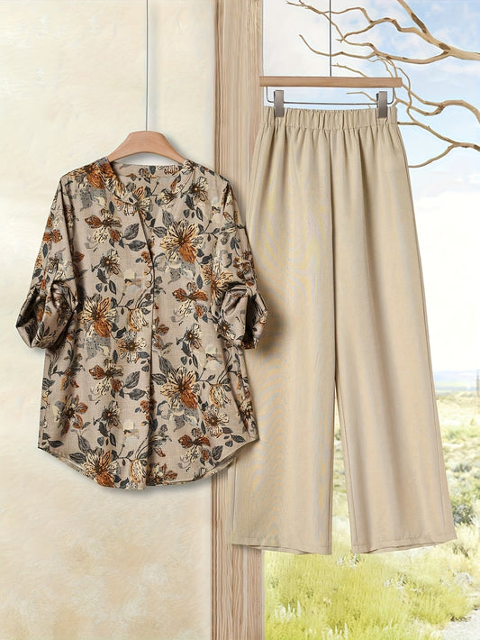 Կանացի էլեգանտ ծաղկային նախշերով բլուզ և բեժ լայն տաբատ - իդեալական է գարուն/ամառ, առօրյաից մինչև կիսաֆորմալ հագուստի համար, առօրյա հագուստ | Ծաղկային նախշերով վերնաշապիկ | Էլեգանտ բլուզ