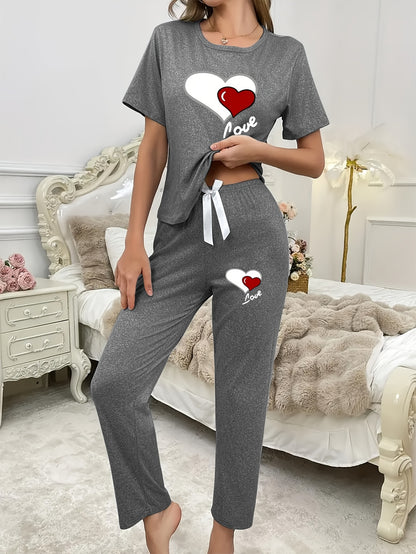 Casual Leisure Suit, Women's Double Love Print Short Sleeve Round Neck T-shirt and Pants Pajama Two-Piece Set Casual Comfortable Soft Home Clothes