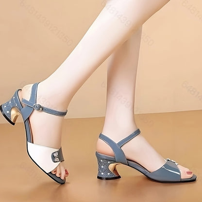 Women'S Fashion Solid Color Mid Heel Block Heel Open Toe Buckle Sandals, PU Upper, PU Insole, Rubber Sole, Hand Wash, for Women