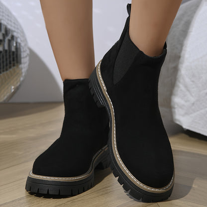 [Durable] Women's Black Ankle Boots - Comfortable Slip-On, Thick Sole, Elastic Side Straps, Round Toe, Casual Street Style, Versatile for All Seasons