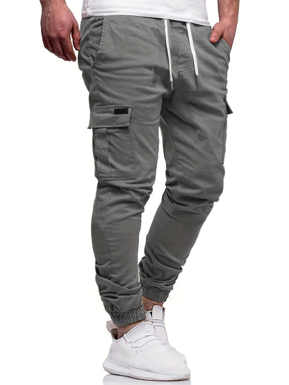 Men's Fashion, Regular Fit And Cuffed Solid Cargo Pants With Flap Pockets, Chic And Trendy Solid Drawstring Leisure Trousers For Daily Outerwear - ayq