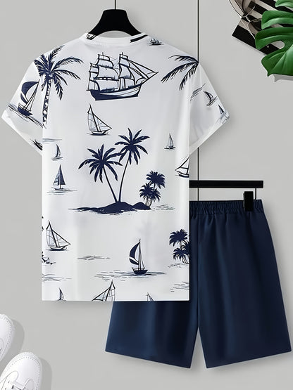 A set of 2 stylish Men's palm tree pattern summer fresh T-shirts and shorts, micro-stretch polyester knit fabric with a fitted fit, suitable for outdoor activities and family gatherings.