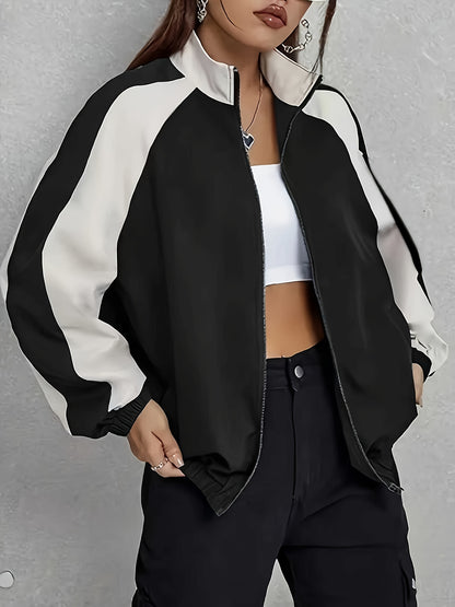 Women's Elegant Mandarin Collar Jacket - Burgundy & Half-Zip Coat with White Piping, All-Season Structured Outerwear (Black /Notch), Machine Washable Casual to Formal Blazer for & Social Events, Jackets For Women, Jacket For