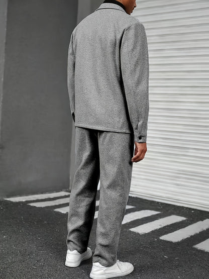 Տղամարդու երկկտոր առօրյա հագուստ - սև կոճակներով վերնաշապիկ և տաբատ, երկար թևքերով, ազատ չափսերով, չձգվող գործվածքով, իդեալական է գարնան/աշնան համար, առօրյա հագուստ | ազատ չափսերով | կոճակներով վերնաշապիկ