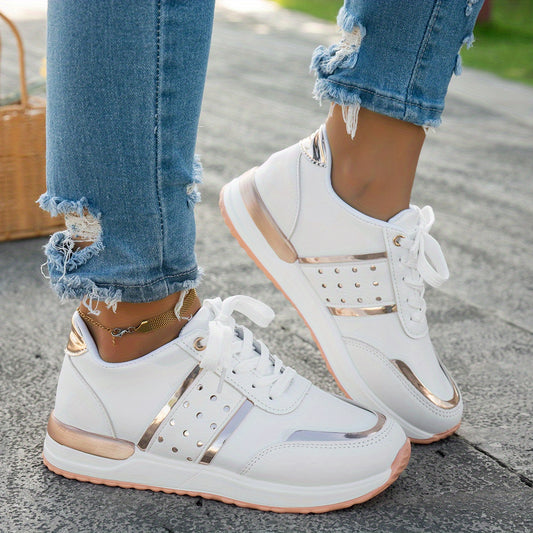 Women'S Chunky Platform Sneakers - Pastel Yellow  Pink Synthetic Cover Low-Top Lace-Up Shoes with Golden Accents, Breathable Fabric Lining, Durable PU Sole for All-Season Casual Wear, Ladies Sneakers, Comfortable Footwear